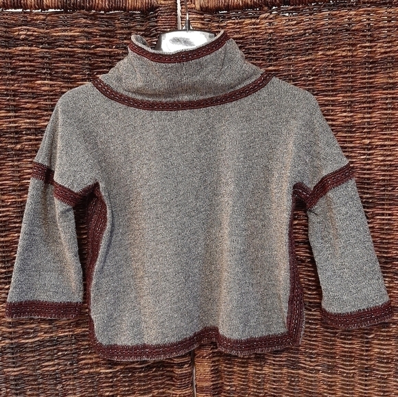 Lucky Brand XS Lotus Funnel Neck Embroidered Nordic Knit Pullover Grey Black - Picture 5 of 9